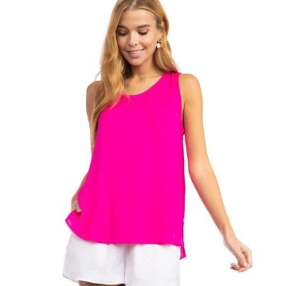 Bright Pink Scoop Neck Tank Top Split Hem